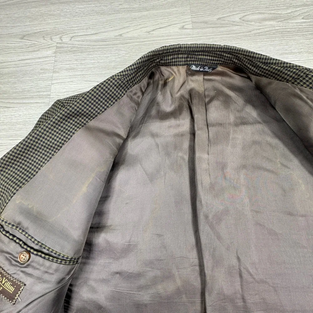 Roberto Villini Mens‎ Blazer Super 100 Wool Houndstooth Brown Green 44 LN Italy